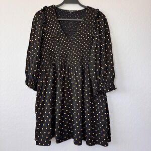 Madewell Smocked Polka Dot Mini‎ Dress Ruffle Long Sleeve Black Gold M